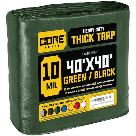 Core Tarps Heavy Duty Tarp, 40 ft L x 0.5 mm H x 40 ft W, 10 Mil, Green/Black, Polyethylene CT-603-40X40